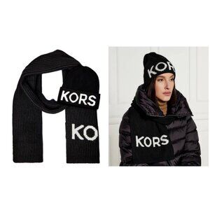 MICHAEL KORS Fisherman's rib knit women's winter scarf + beanie hat BLACK -2 PC